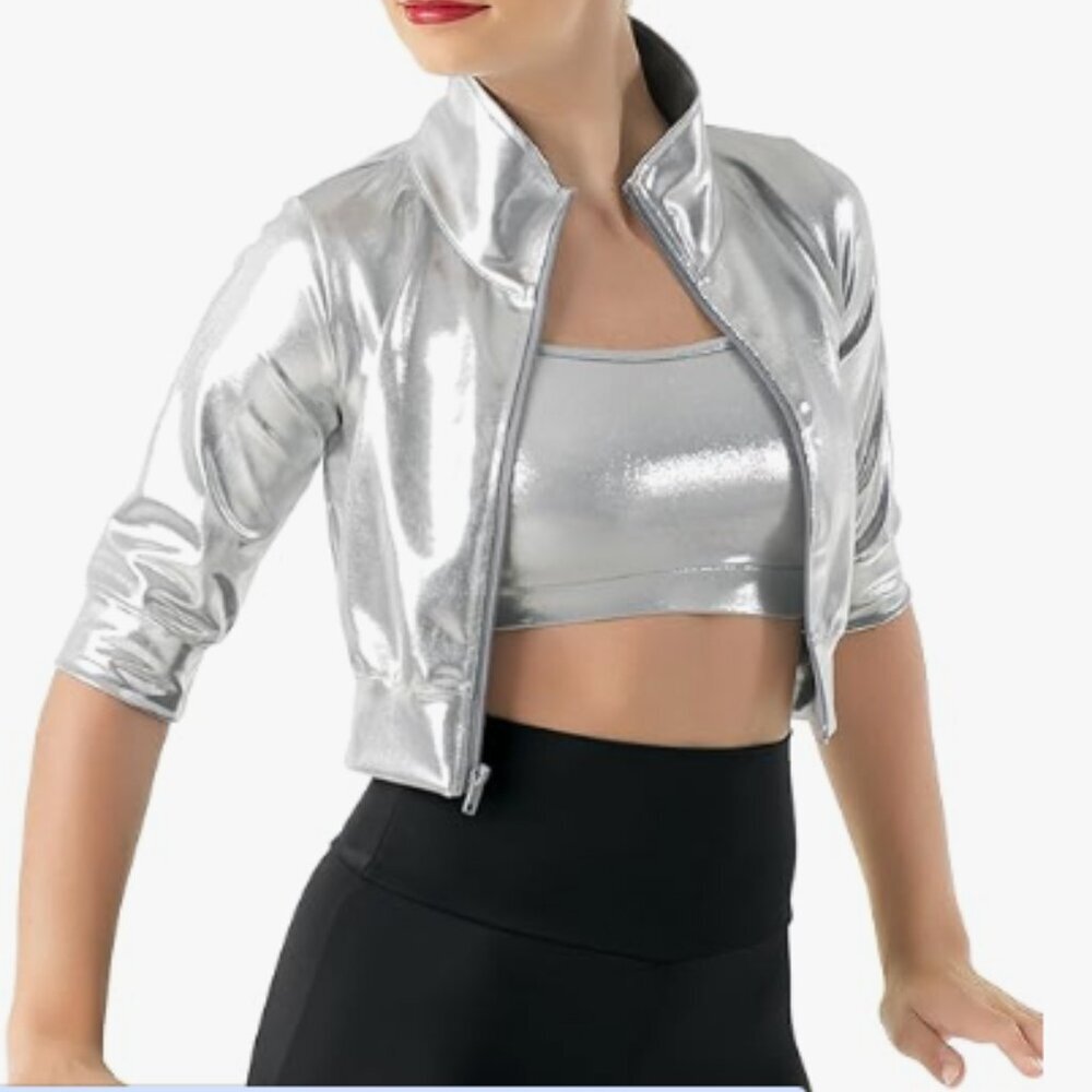 Balera Womens Silver 3/4 sleeve Dance Metallic Cropped Jacket Zip Front SA Small